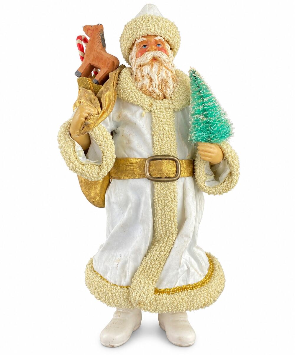 Vintage 1988 Possible Dreams Clothtique Santa White Gold Toy Sack Tree 10"